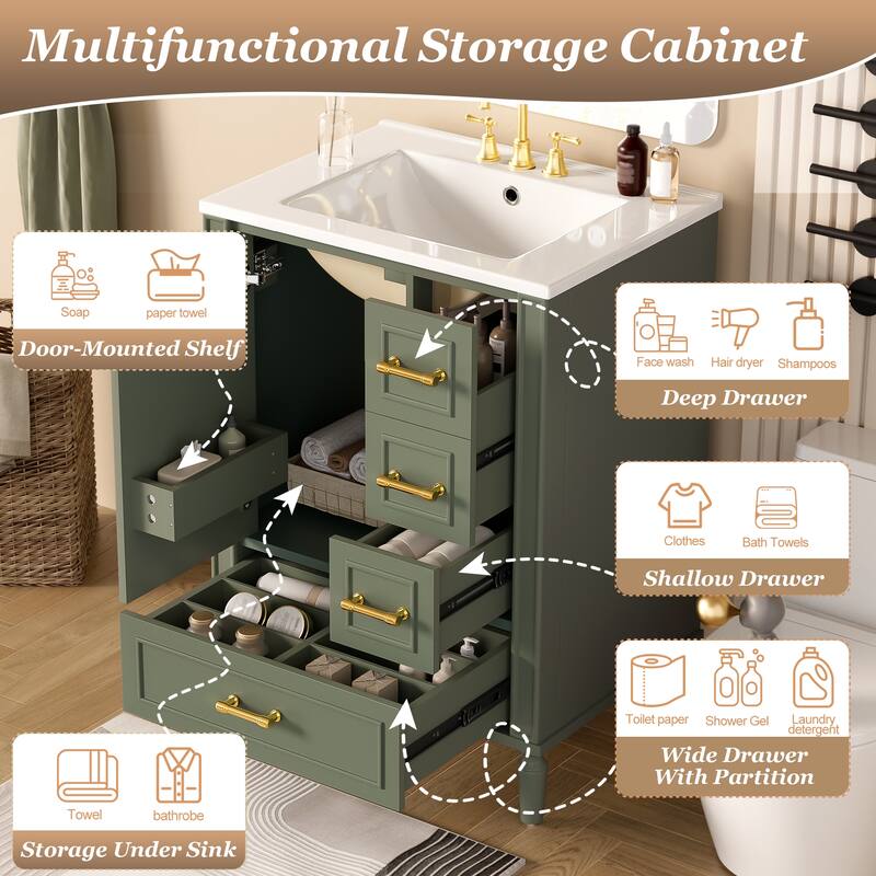 24" Modern Bathroom Vanity with Ceramic Sink - Soft-Close Door, 3 Drawers & Gold Handles