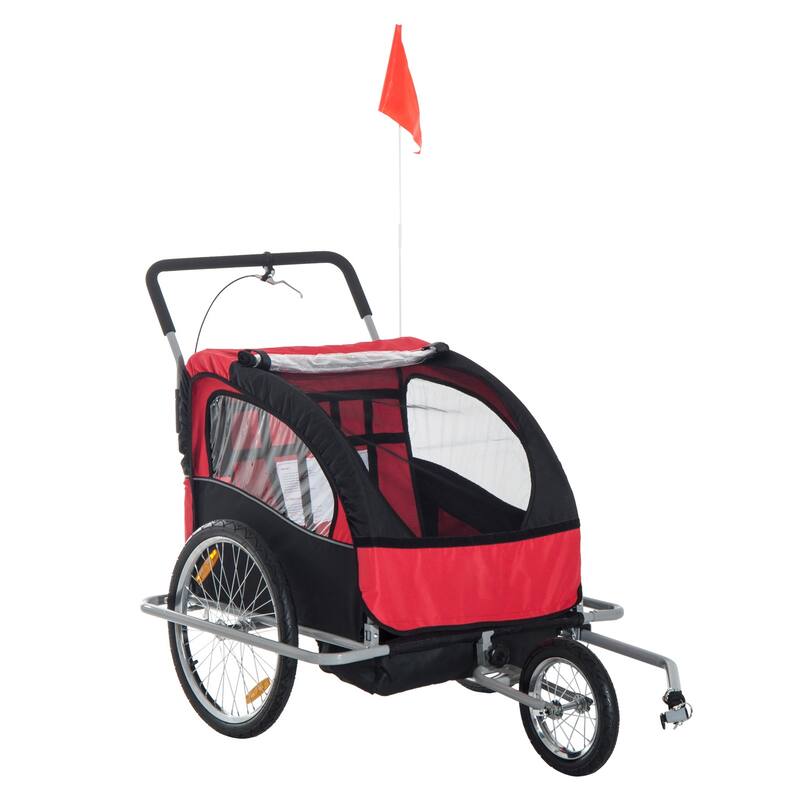 2-Seat Baby Bike Trailer for Kids with Safety Harness, Removable Canopy, Ample Storage - Red
