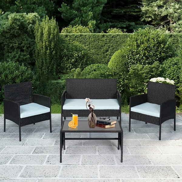 4 Piece Patio Conversation Wicker Furniture Set, Outdoor Rattan Sectional Furniture Set With Cushions for Yard Garden