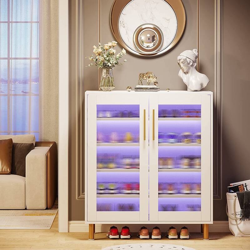 5-Tier Wood Shoe Rack with Acrylic Doors and LED Light for Entryway