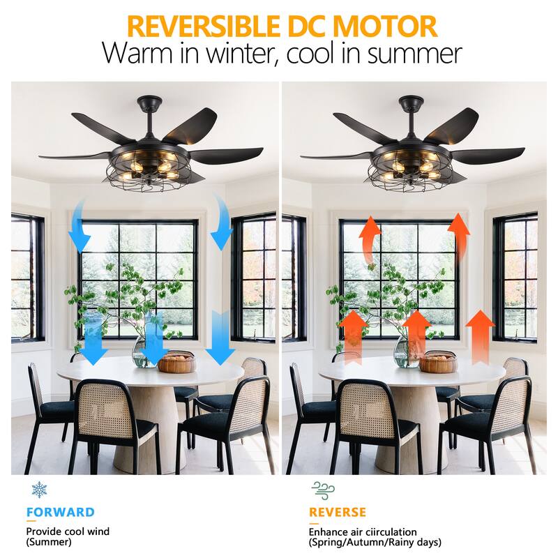 6-Speed Reversible Ceiling Fan for Bedroom Living Dining Room, 52" Industrial Cage Ceiling Fan with Light, Bulb Not Included