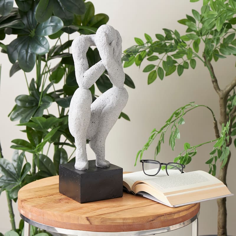 Gray Polystone Crouching People Decorative Sculpture with Black Square Base - Gray