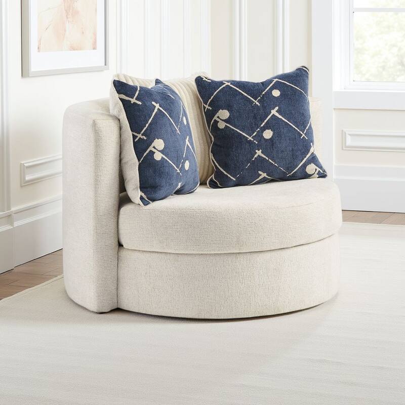 Oversize Swivel Accent Chair, 3 Large Throw Pillows, Ivory Polyester