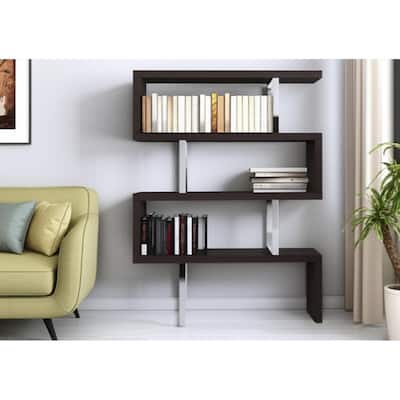 HomeRoots 67" Espresso And Silver Metal and Wood Three Tier Etagere Bookcase