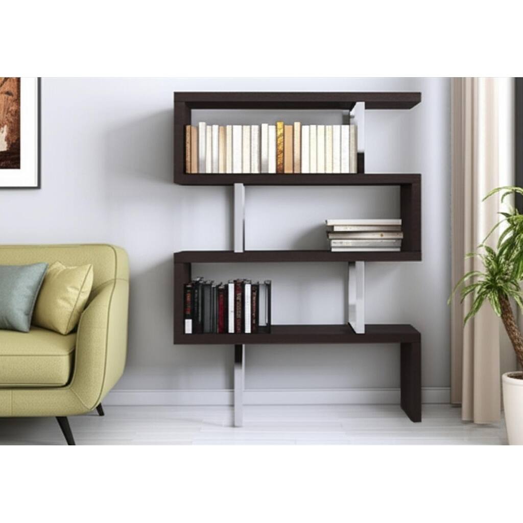 HomeRoots 67" Espresso And Silver Metal and Wood Three Tier Etagere Bookcase