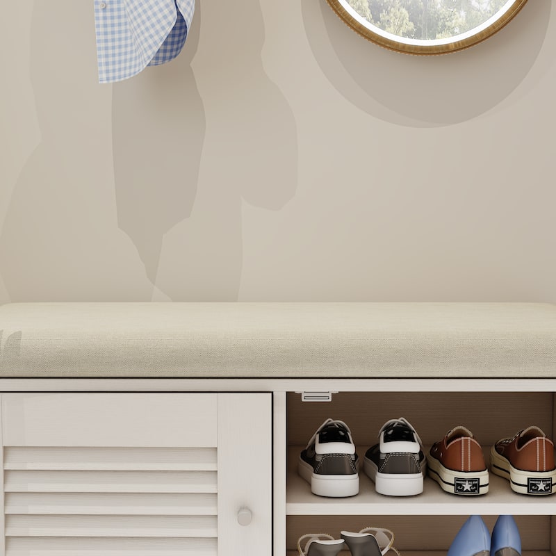 28.74" Shoe Storage Bench with 2 Door Cabinet, Entryway Bench with White Shoe Storage, Shoe Bench with Cushion