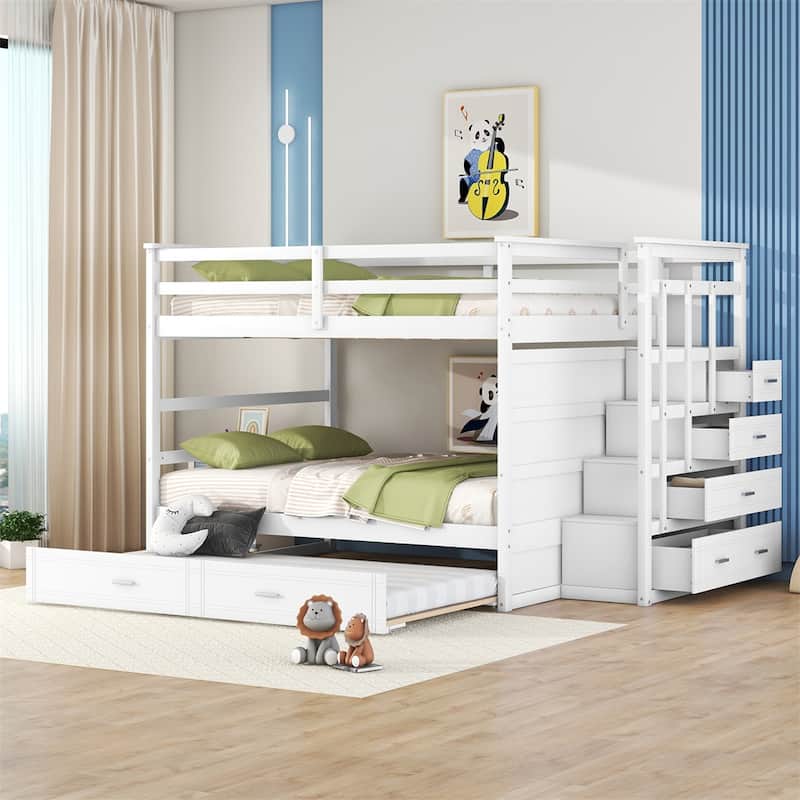 Full Over Full Bunk Bed with Staircase and Twin Size Trundle - White