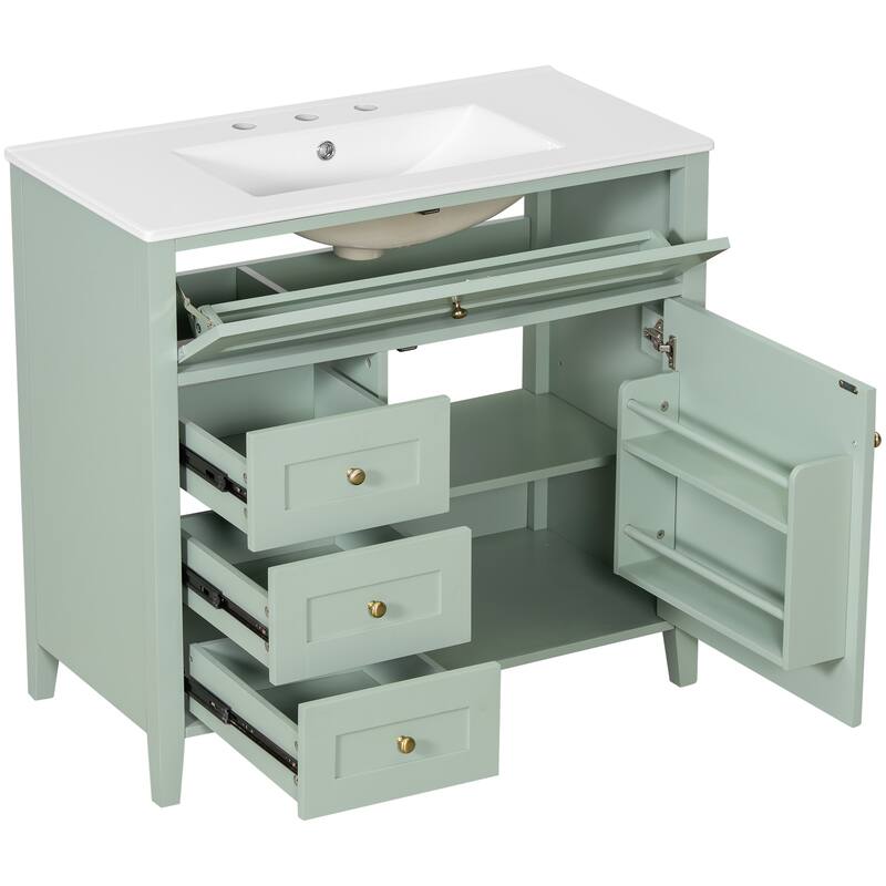 Roomfitters 36" Bathroom Vanity with Sink, Solid Wood Legs, 4 Drawers & Cabinet with Adjustable Shelf