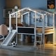 preview thumbnail 3 of 7, White Wooden Loft Bed Frame, Twin Size House Bed Frame with Blackboard, Light Strip on the Roof and Slide, No Box Spring Needed