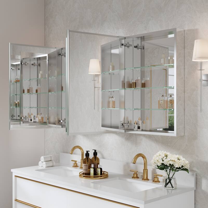 52"W X 30'H Bathroom Recessed or Surface Wall Mount Medicine Cabinet With Adjustable Glass Shelves