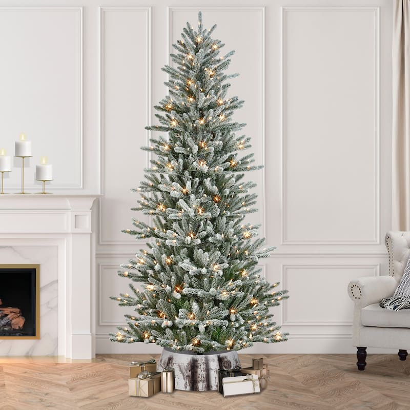Puleo International 7.5' Pre-Lit Flocked Franklin Fir Artificial Christmas Tree with Matching Skirt