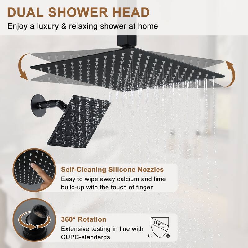 CASAINC Dual Heads 12 Inch Ceiling Mounted Square Shower Head Shower System with Handheld Shower Digital Display Shower