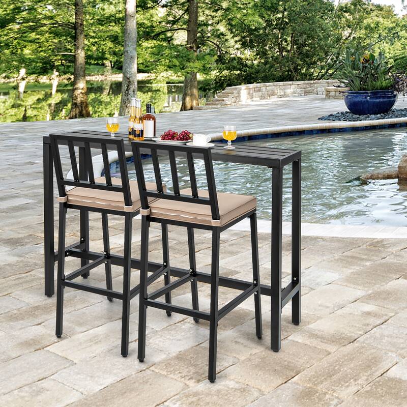 3PCS Patio Dining Table Set Metal Bar Table & Chairs Set with Cushion