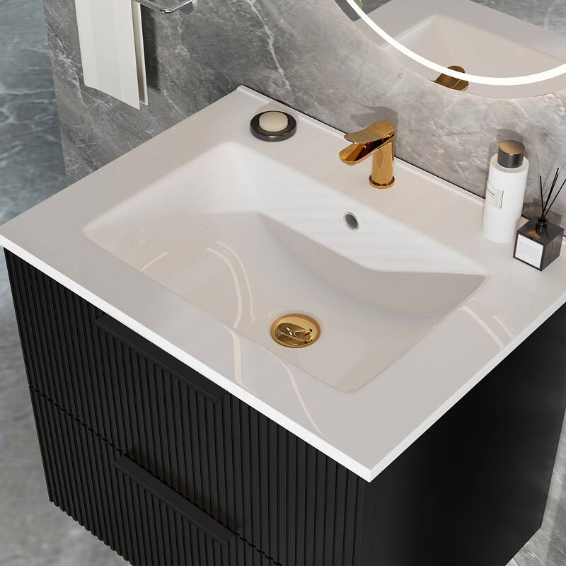 24" Floating Bathroom Vanity with Ceramic Sink - Wall Mounted Fluted Vanity Cabinet with Drawers, for Small Bathrooms