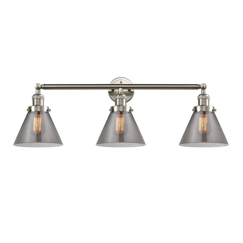Innovations Lighting Large Cone 3 Light 32" Wide Bathroom Vanity Light - Brushed Satin Nickel / Smoked