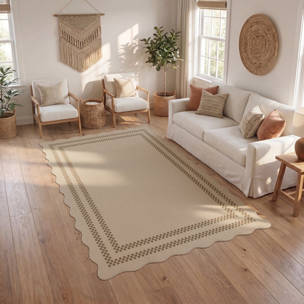 Scalloped Jute Area Rugs, Tan/Checkered Indoor Outdoor Runner Rugs, Washable