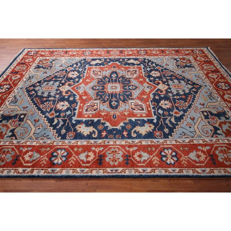 Blues & Orange Heriz Serapi Indian Area Rug Hand-Knotted Wool Carpet - 7'7" x 9'11"