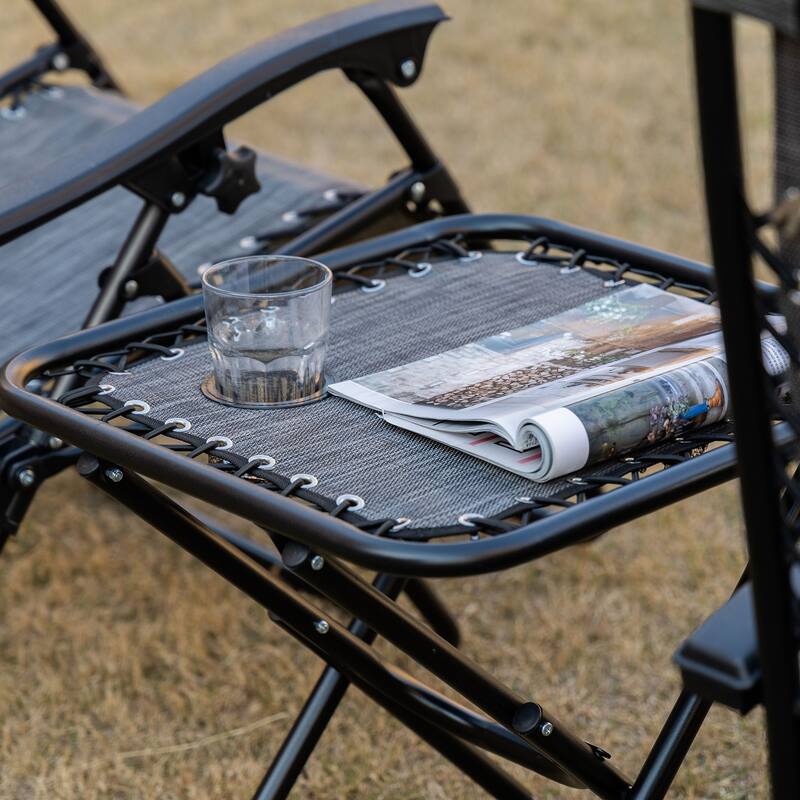 Outdoor Zero Gravity Chairs with Side Table, Set of 2 Folding Reclining Chairs with Cupholders & Pillows