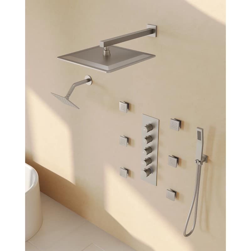GRANDJOY Shower System Dual Shower Heads 16" and 6" Wall Mounted High Pressure Handheld Spray 6 Body Jets Thermostatic