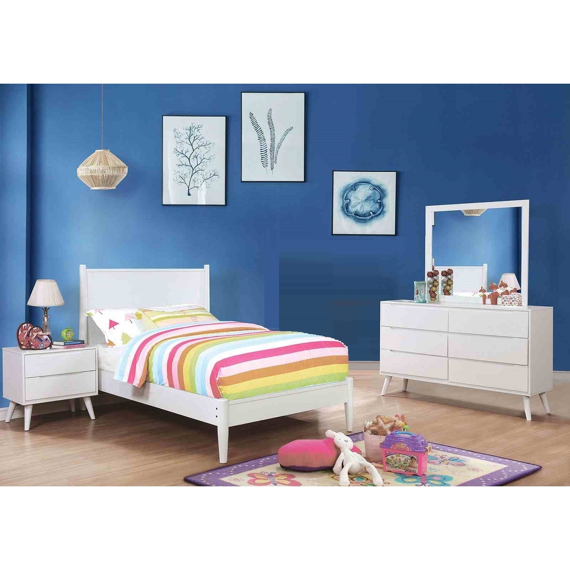 Mid-Century Modern White Wash Solid Wood 4 Piece Bedroom Set Bed Nightstand Dresser Mirror