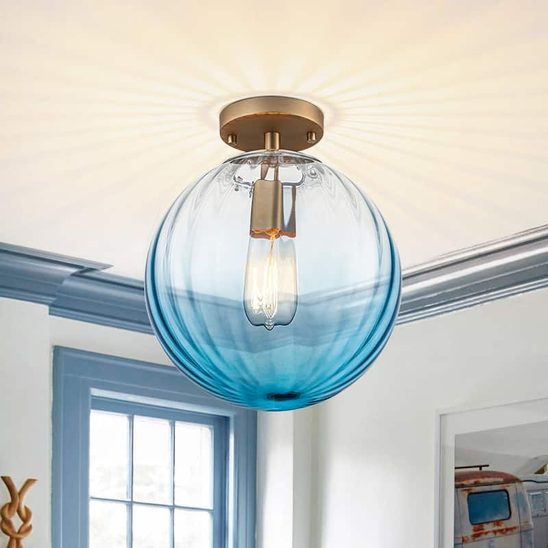Gradual Colorful Ribbed Glass Globe Single Semi Flush Ceiling Light - Blue