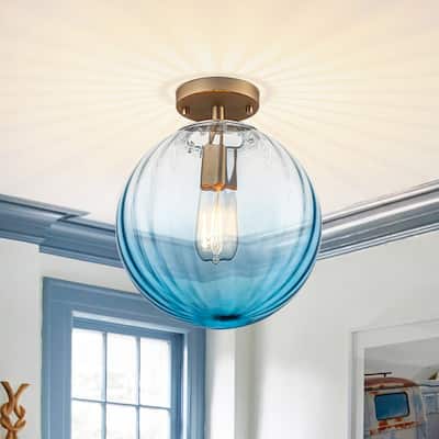 Gradual Colorful Ribbed Glass Globe Single Semi Flush Ceiling Light
