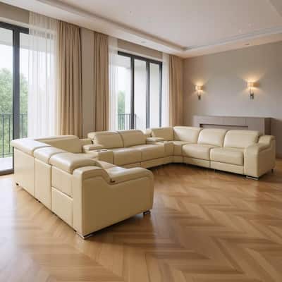 HomeRoots Beige Italian Leather Power Reclining U Shaped Ten Piece Corner Sectional With Console