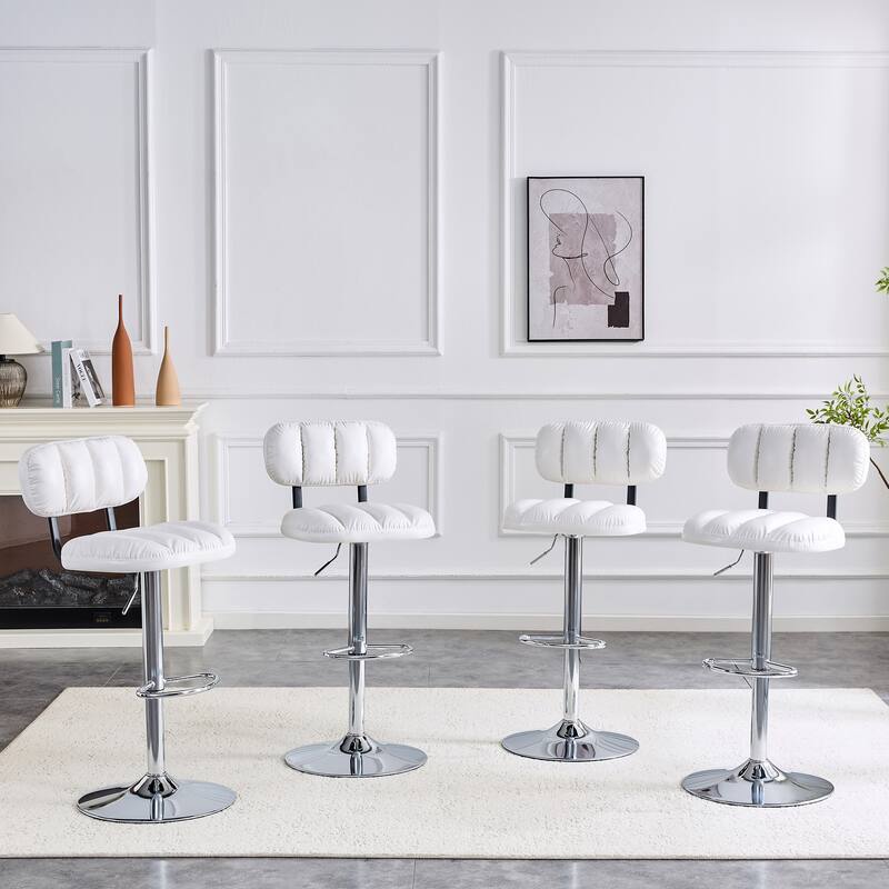 Set of 2 Adjustable Height Bar Stools, White PU Leather with Chrome Base & Footrest