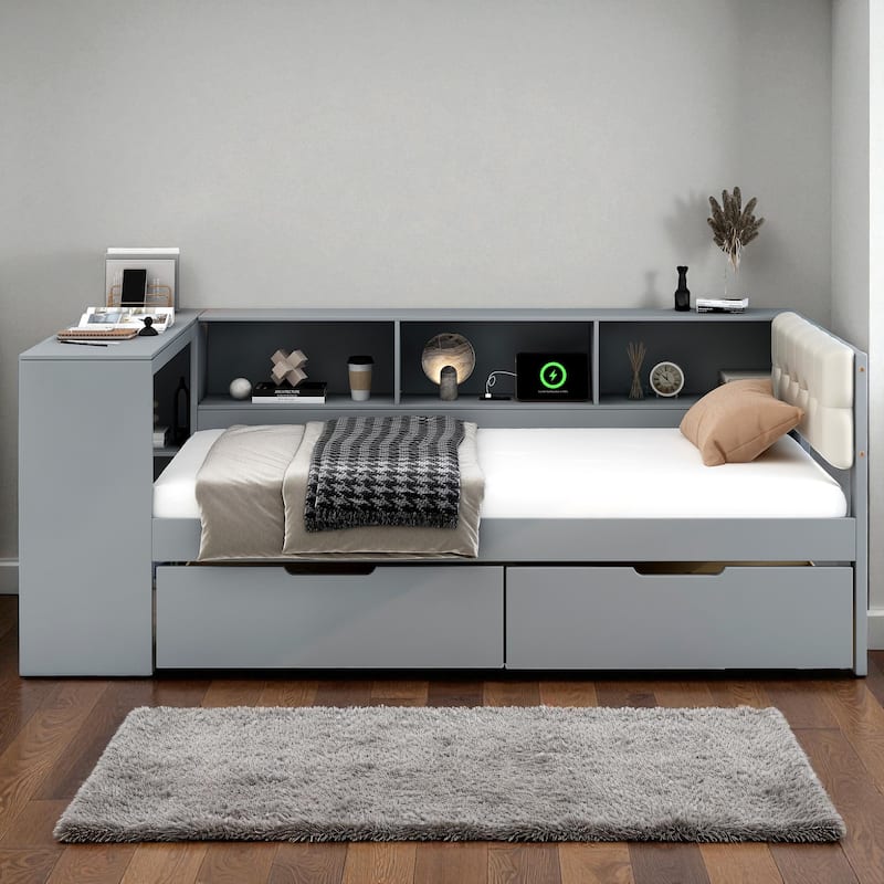 Wood Twin/Full Platform Bed with Upholstered Headboard, Storage Shelves, Drawers and Charging Station, No Box Spring Needed