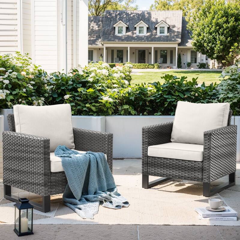 Patio PE Wicker Chair with Cushion Set of 2 - Grey - Beige