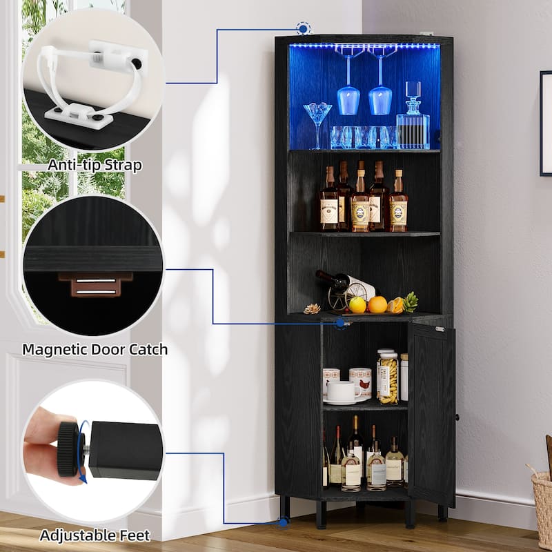 5 Tiers Corner Bar Cabinet Wine Rack Display Shelves with LED Lights and Glass Holder