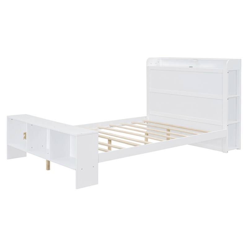 HomeRoots White Wood Full Bed Frame With LED Lighting And USB