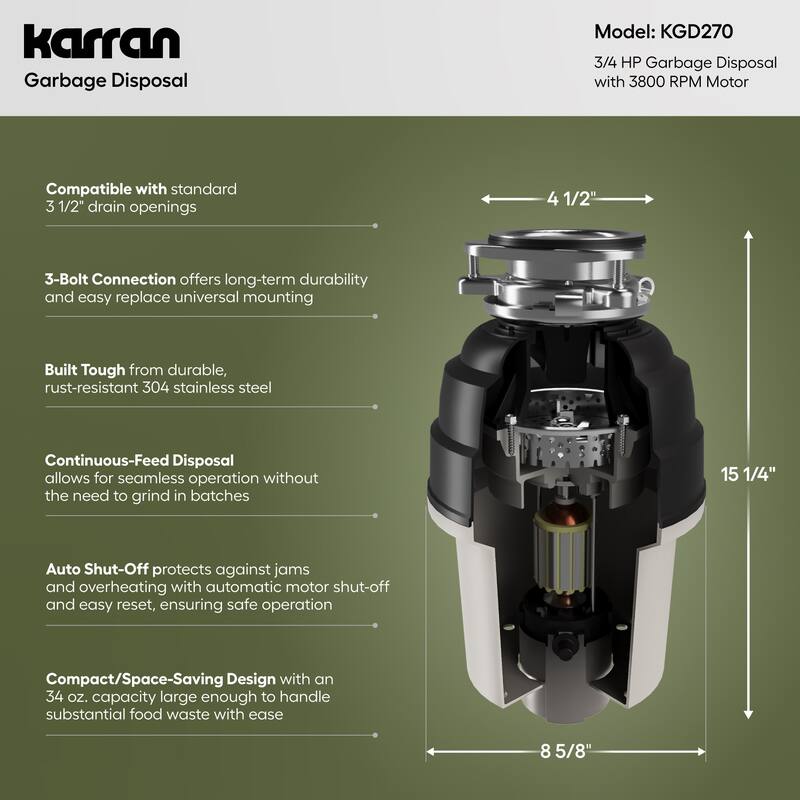 Karran USA KGD270 3/4 HP Continuous Garbage Disposal with 34 oz.