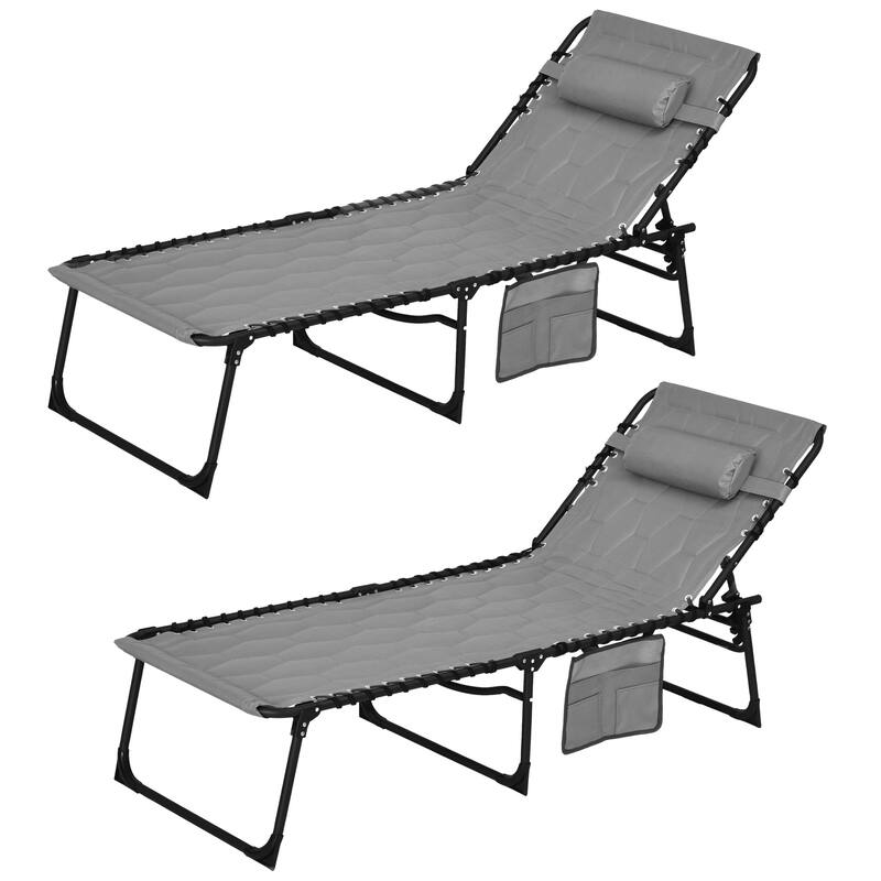 Set of 2 Outdoor Folding Chaise Lounge Chair with 5-Position Recline, Headrest and Side Pocket for Beach Patio or Camping
