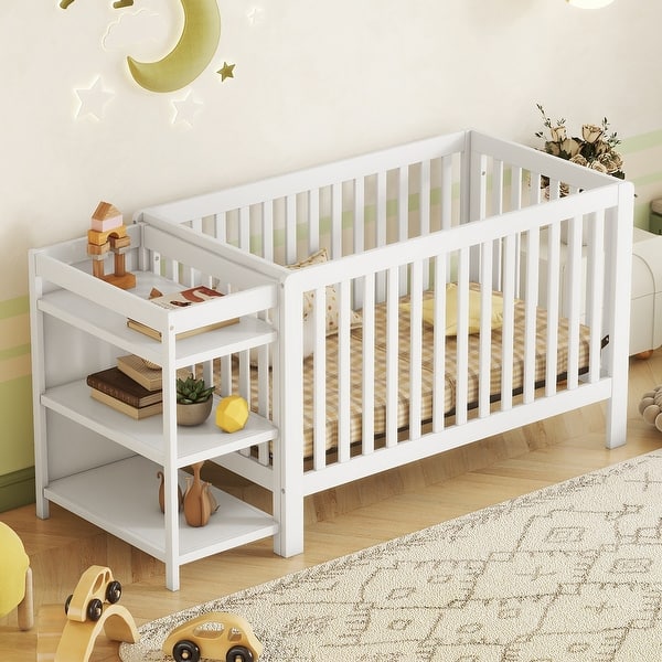 slide 2 of 9, White Convertible Crib/Full Bed with Changing Table, Adjustable Height, Guardrails White