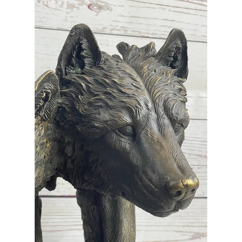 Dual Imitative Wolf Bust Sculpture Statue Two Wolves Bronze Metal Decor Signed Original