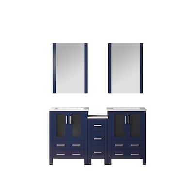 60 in. Navy Blue Double Vanity with White Ceramic Top, Two Side Cabinets, 22 in. Mirrors, Soft Close, Ample Storage