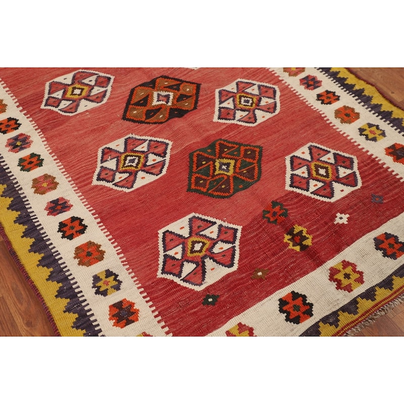 Kilim Qashqai Persian Vintage Rug Hand-Woven Geometric Red Wool Carpet - 4'1"x 6'8"