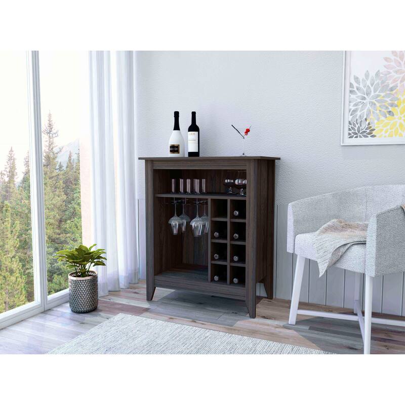 Black Wengue Finish Bar Cabinet with 6 Wine Cubbies, Open Shelf, and Interior Storage for Glasses