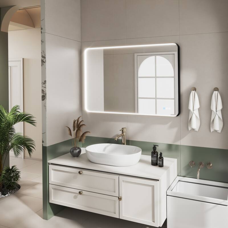 Organnice Rectangular LED Aluminum Black Framed Light Rounded Wall Mirror with Front Light