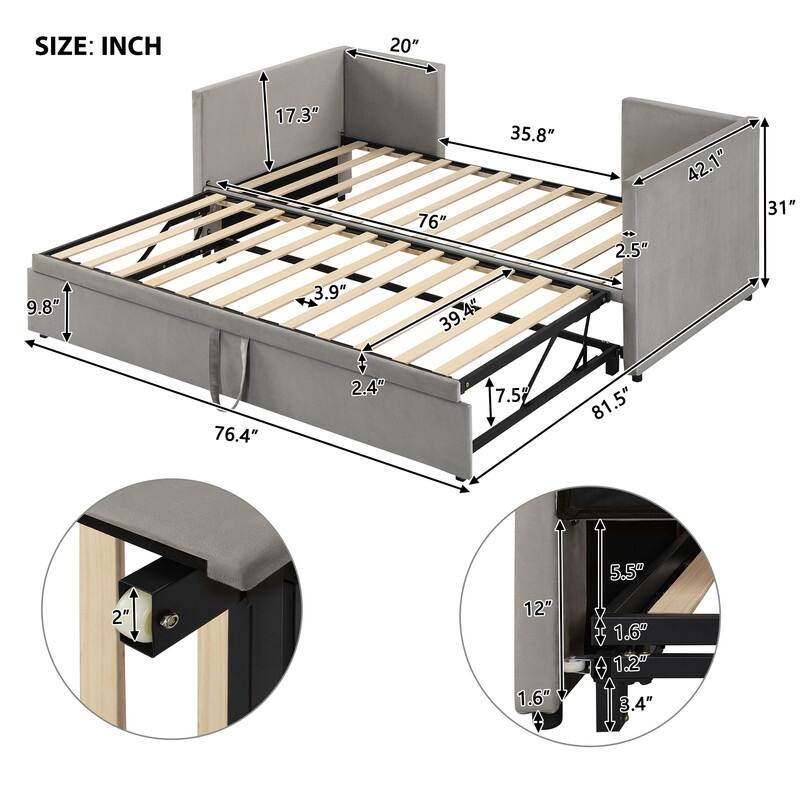 Twin Size Upholstered Daybed with Extendable Trundle,Platform Bed Frame with Wood Slats, Sofa Bed Frame for Living Room Bedroom