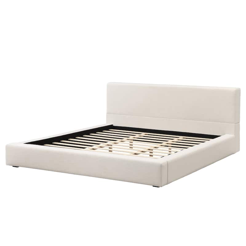 King Size Bed Frame with Thick 8" Headboard/Upholstered Platform Bed Frame/Solid Wood Support Slats/No Box Spring Needed/Beige