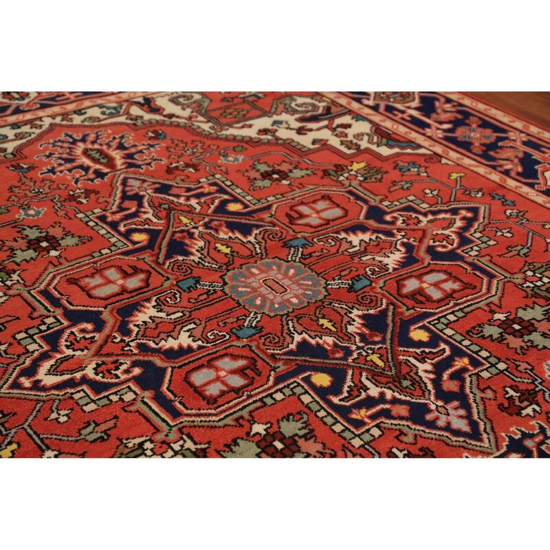 Orange Geometric Heriz Serapi Indian Area Rug Handmade Wool Carpet - 7'11"x 9'10"