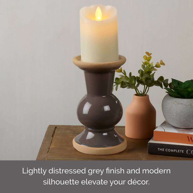 Elements Gray Ceramic Candle Holder, 7 Inch