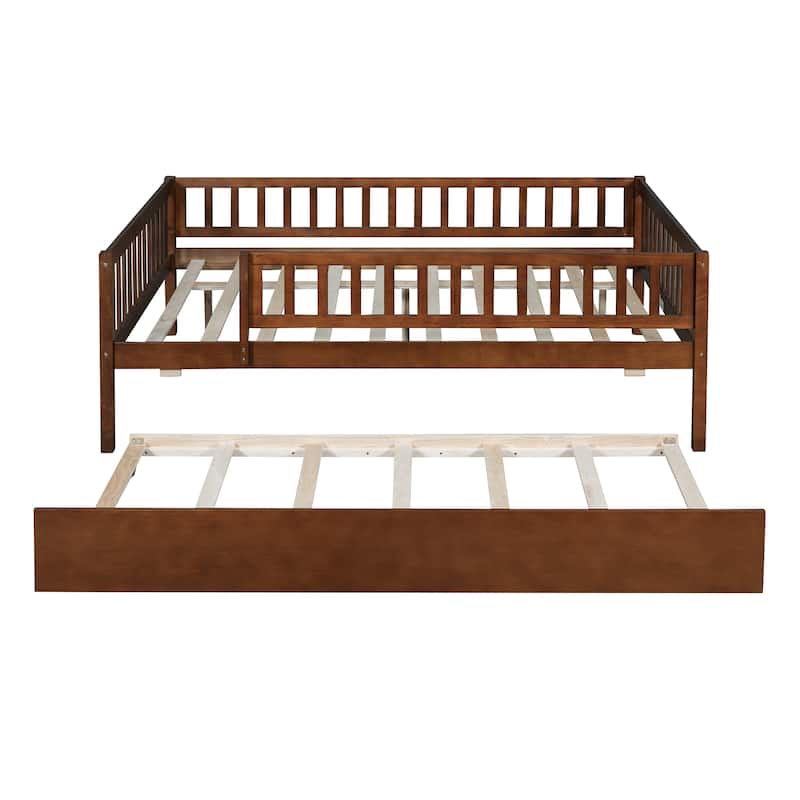Full Size Wood Daybed with Trundle and Fence Guardrails, Space-Saving Design