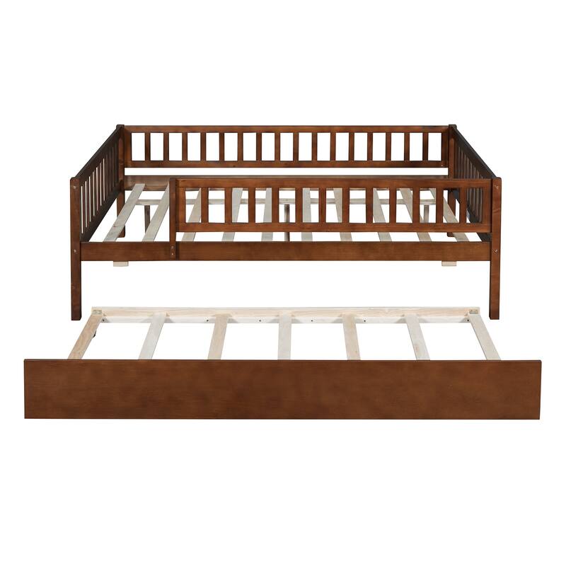 Full Size Wood Daybed with Trundle and Fence Guardrails in Walnut Finish