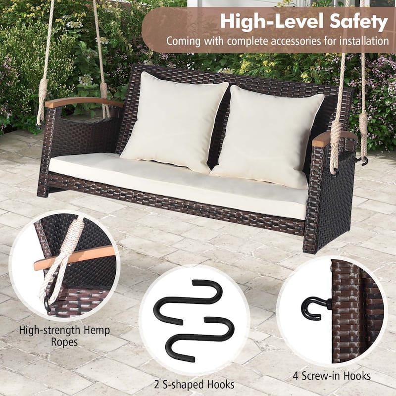 Patio Rattan Porch Swing Loveseat Hanging Chair Cushioned