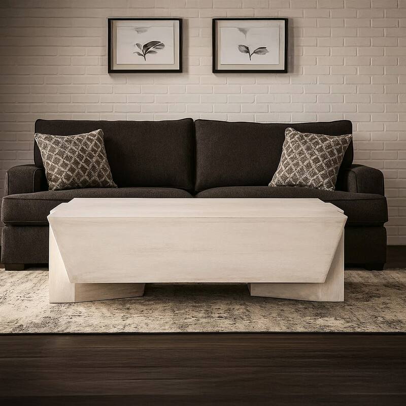 Joanie Coffee Table 45" Rectangular Biscotti White Handcrafted Mango Wood Solid Asymmetric Base -  45" Rectangular Biscotti White Handcrafted Mango Wood | Solid Asymmetric Base|White