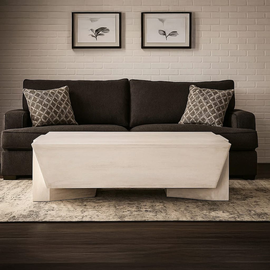 Joanie Coffee Table 45" Rectangular Biscotti White Handcrafted Mango Wood Solid Asymmetric Base