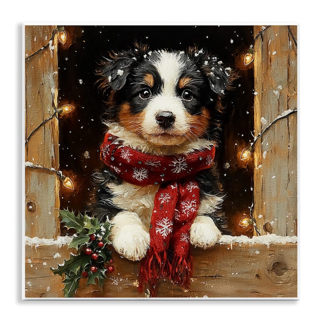 Stupell Snowy Christmas Lights Puppy Wall Plaque Art Design By Riley B